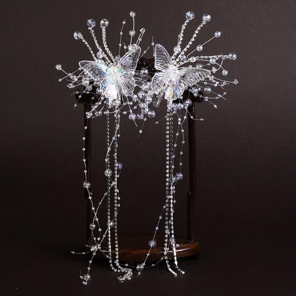 1 Pair Butterfly Hair Clip,Bride Wedding Crystal Hair Vine, Rhinestone Bridal Headpiece Tassel Hair Vine,Pearl Bridal Headband for Women and Girls