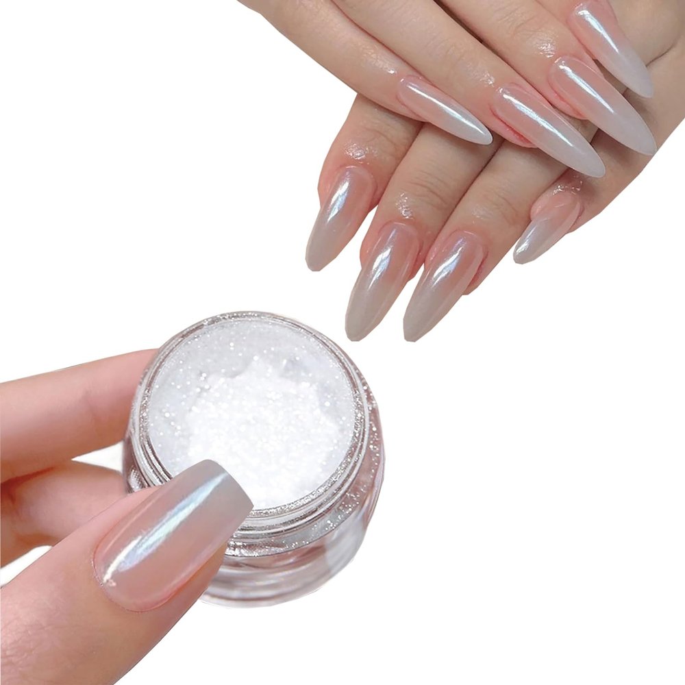 MEILINDS White Pearl Chrome Nail Powder, High Gloss Mirror Effect Pearlescent Iridescent Glitters Powder Mermaid Pigment for Nail Art Decoration