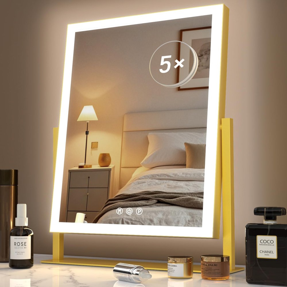 Gvnkvn Lighted Makeup Mirror, Hollywood Vanity Mirror with Lights, Three Color ModesDetachable 10X Magnification Mirror, Smart Touch Control, 360Rotation (15.2in)