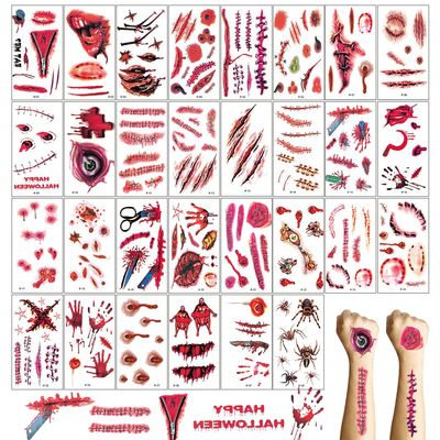 30 Sheets Fake Scars Temporary Tattoos, Horror Realistic Wound Stitch Face Body Makeup Zombie Sticker, Cosplay Masquerade Prank Scary Halloween Party for Kid Women Men Boys Girls