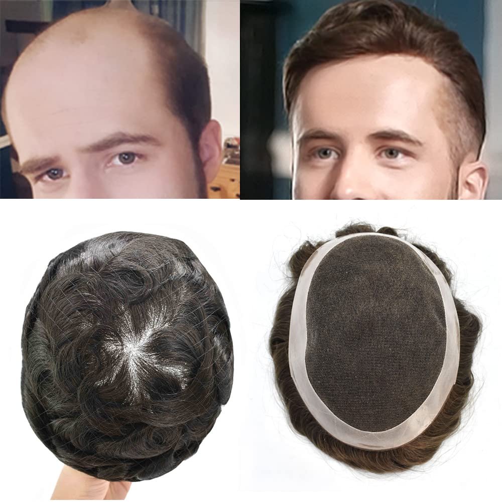 PUNRU HAIR Mens Toupee Human Hair French Lace Hair Pieces For Men Toupee For Men Hairpieces 100% Human Hair Replacement System For Men Hair Prosthesis 6x8 Medium light density 3# DARK BROWN