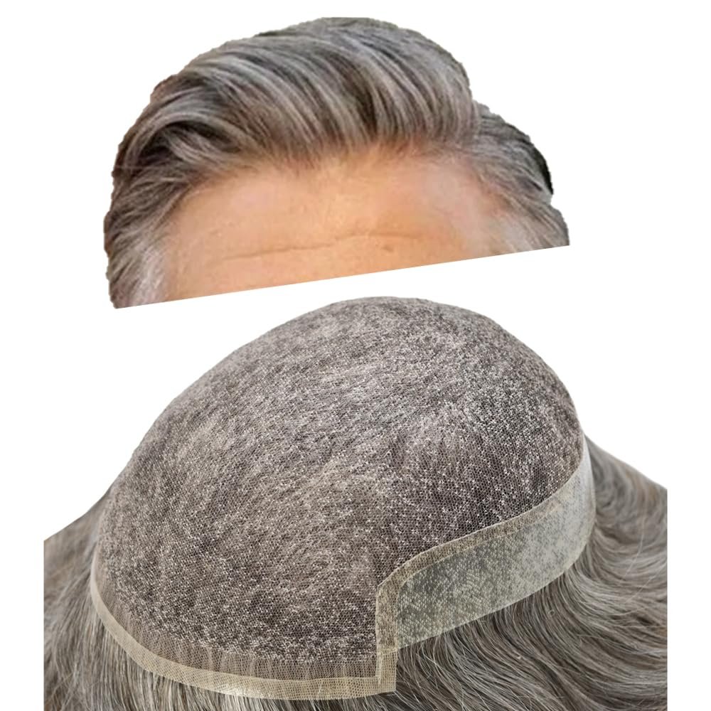Healthlif Mens Toupee Remy Human Hair System For Men Bleached Knot Toupee Hair Piece For Men French Lace Toupee For Men Hairpiece 6X8#1B60#1B Off Black+60% Grey 100% Density