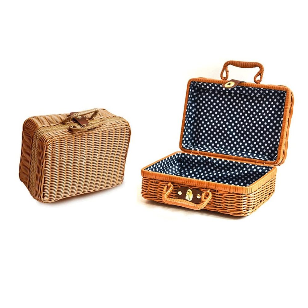 BGHEWRT Cosmetic Storage Box Portable Rattan Handbag Environmental Protection Material Imitation Rattan Retro Suitcase Cosmetic Storage Box Decorative Makeup Case