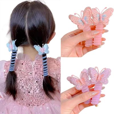 Colorful Telephone Wire Hair Bands, Spiral Hair Ties Phone Cord, Phone Cord Straight Spiral Hair Ties, Butterfly Braided Telephone Wire Hair Bands, Perfect for Various Outfits (4pcs 02)