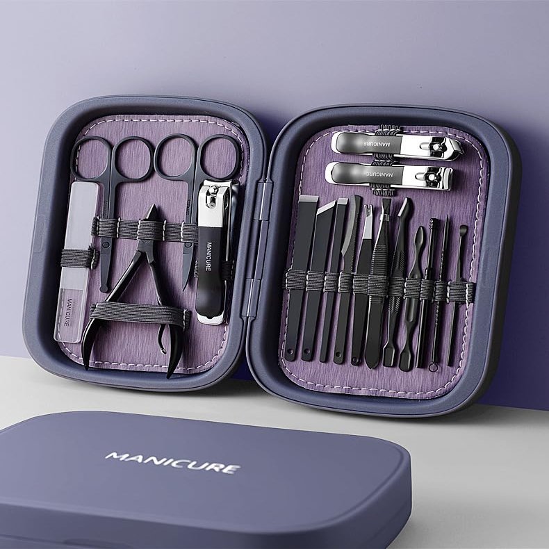 18in1 Stainless Steel Manicure Pedicure Kit, Nail Clipper Set, Hawksbill Pliers, Professional Toolkit, Green Case (Black)