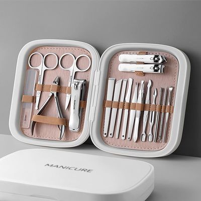 18in1 Stainless Steel Manicure Pedicure Kit, Nail Clipper Set, Hawksbill Pliers, Professional Toolkit, Green Case (White)