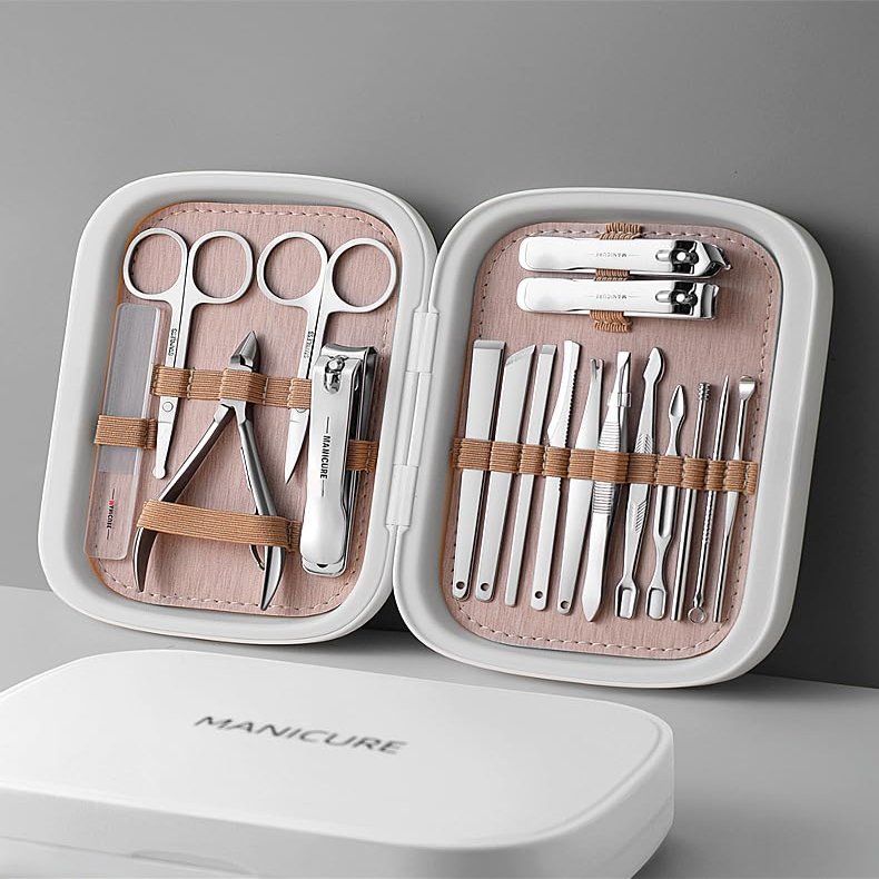 18in1 Stainless Steel Manicure Pedicure Kit, Nail Clipper Set, Hawksbill Pliers, Professional Toolkit, Green Case (White)