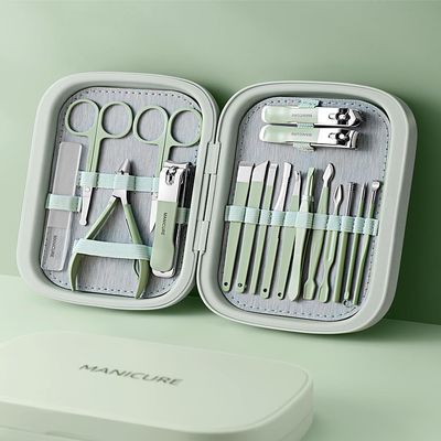 18in1 Stainless Steel Manicure Pedicure Kit, Nail Clipper Set, Hawksbill Pliers, Professional Toolkit, Green Case (Green)