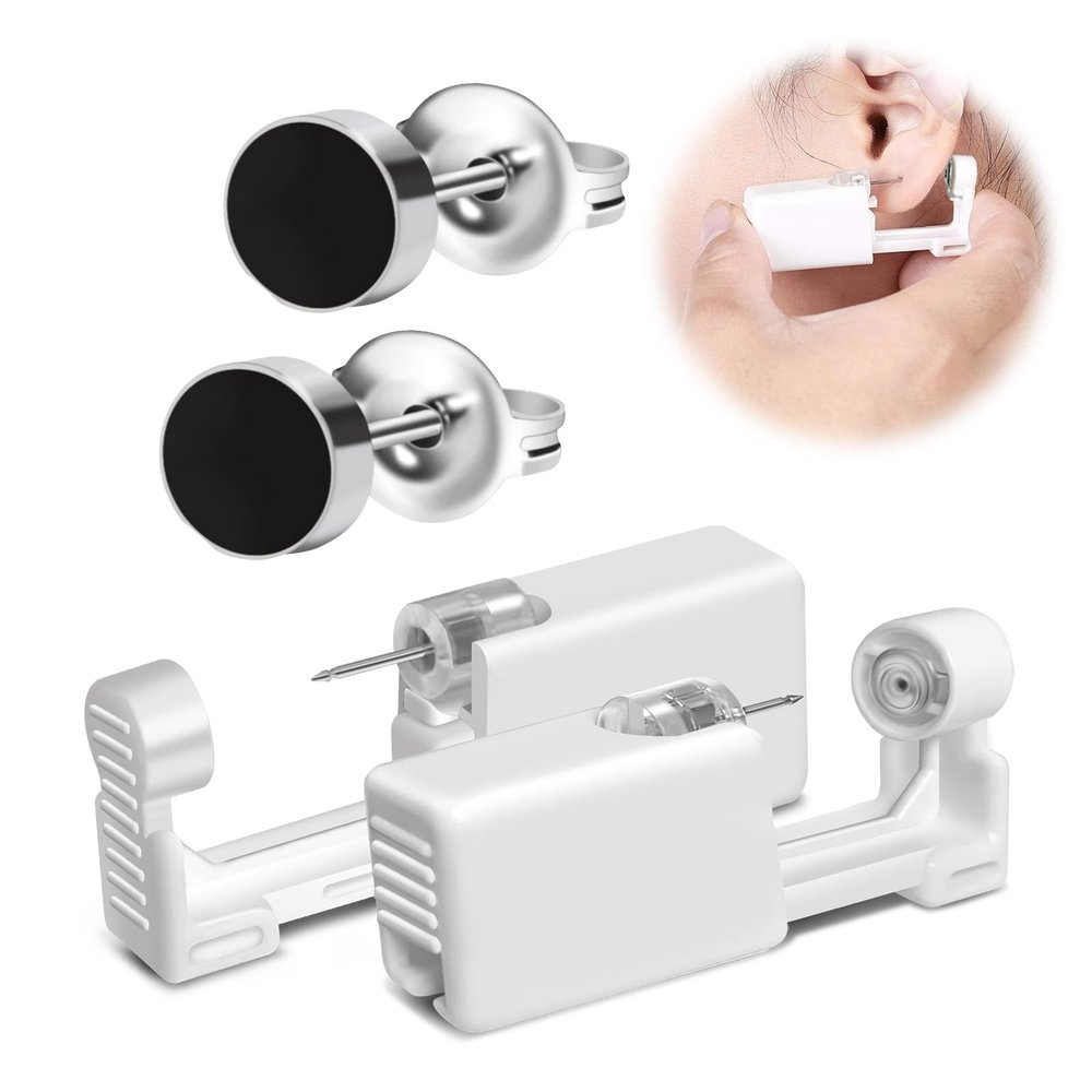 BeiLaiSun 2 Pack Disposable Ear Piercing Gun Kit Self Use Ear Piercer at Home Piercing Ear Gun with 6mm Black Earring Stud600#