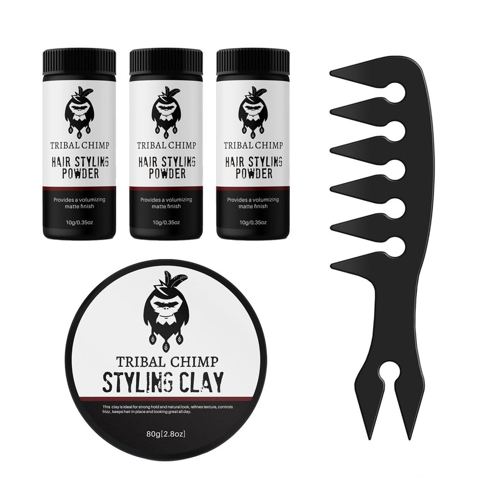 Tribal Chimp Hair Styling Powder, Styling Clay and Comb Bundle - 3 Pack x 0.35 oz Hair Powder, 2.8 oz Hair Clay and Styling Comb, Hair Styling Accessories for Men and Women 5 Pc. Set