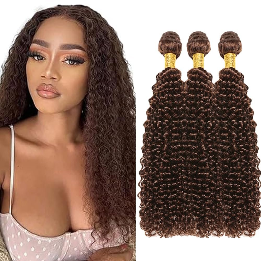 Color #4 Bundles Chocolate Brown Kinky Curly Human Hair Bundles Brazilian Virgin Hair Dark Brown Bundles Color #4 Kinky Curly Bundles Human Hair 18 18 18 Inch Brown Bundles