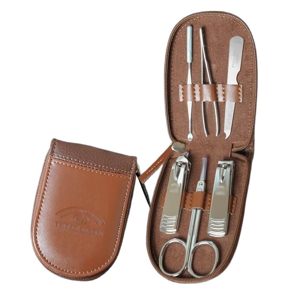 BABETRUE Nail Clipper Kit 6 Piece Travel Manicure Set, Stainless Steel Nail Clipper Set, Manicure and Pedicure Grooming Set, Personal Nail Care Tools with Brown Leather Case Nail Clippers Set