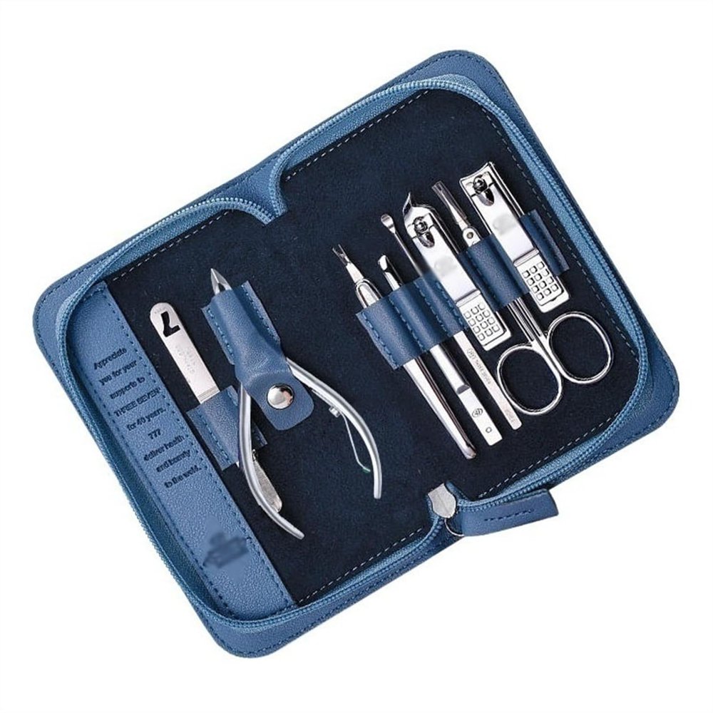 BABETRUE Nail Clipper Kit Manicure Set, Pedicure Set, Nail Clipper Set, 8 in 1 Stainless Steel Professional Personal Nail Care Set with Leather Travel Case Nail Clippers Set(Blue)