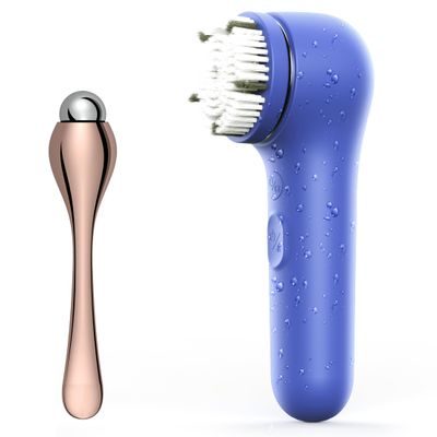 Premium Face Scrubber, Deep Pore Cleansing Brush, Waterproof & Rechargeable Face Scrub Brush for Men& Women, Electric Facial Exfoliator with 3 Brushes, 3 Intensities, 2 Modes with Eye Rollor - Azure