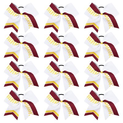 DEEKA 12 PCS Softball Cheer Bows 8" Softball Thread Large Cheer Hair Bows Ponytail Holder Handmade for Teen Girls Sports Cheerleader -White/Maroon/Yellow