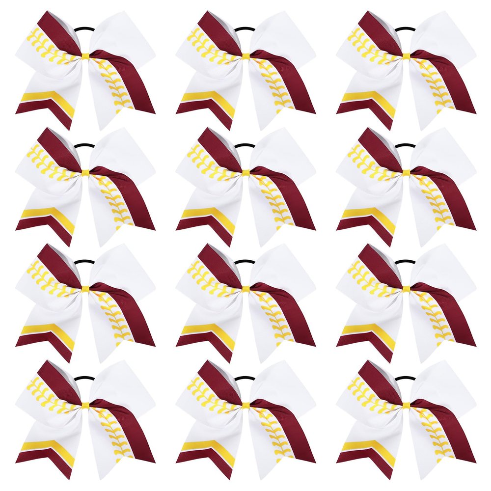DEEKA 12 PCS Softball Cheer Bows 8" Softball Thread Large Cheer Hair Bows Ponytail Holder Handmade for Teen Girls Sports Cheerleader -White/Maroon/Yellow