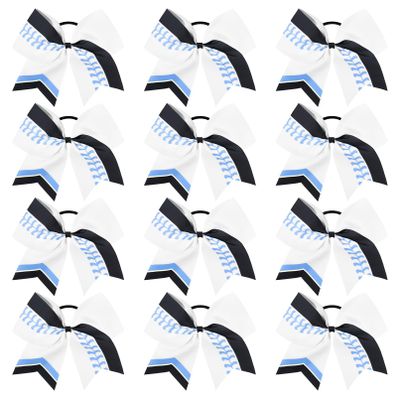 DEEKA 12 PCS Softball Cheer Bows 8" Softball Thread Large Cheer Hair Bows Ponytail Holder Handmade for Teen Girls Sports Cheerleader -White/Light Blue/Black