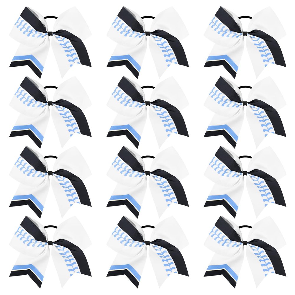 DEEKA 12 PCS Softball Cheer Bows 8" Softball Thread Large Cheer Hair Bows Ponytail Holder Handmade for Teen Girls Sports Cheerleader -White/Light Blue/Black