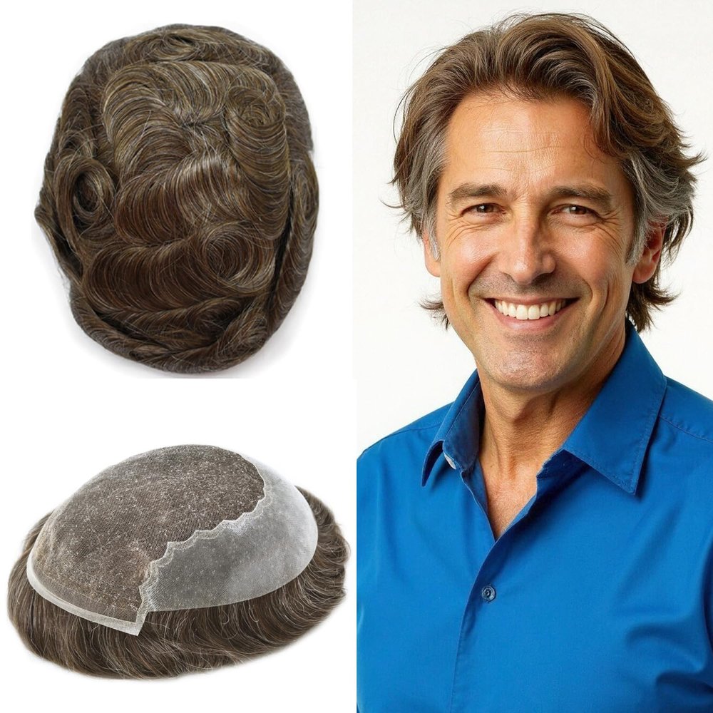 Mens Hair System French Lace Toupee For Men Real Human Hair Replacement System For Men Swiss Lace Front Mens Toupee Hair Piece8x10 100% light to Medium density#420 4# MEDIUM BROWN+20% GREY