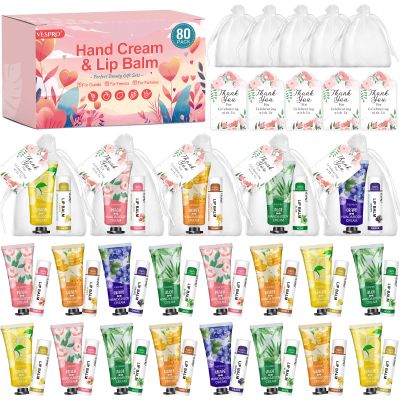 80 Pack Bulk Hand Cream and Lip Balm Sets Gifts, Valentines Day Gifts, Party Favors, Wedding Favors for Guests with Thank You Card and Organza Bags, Mothers Day Gift and Teacher Gift