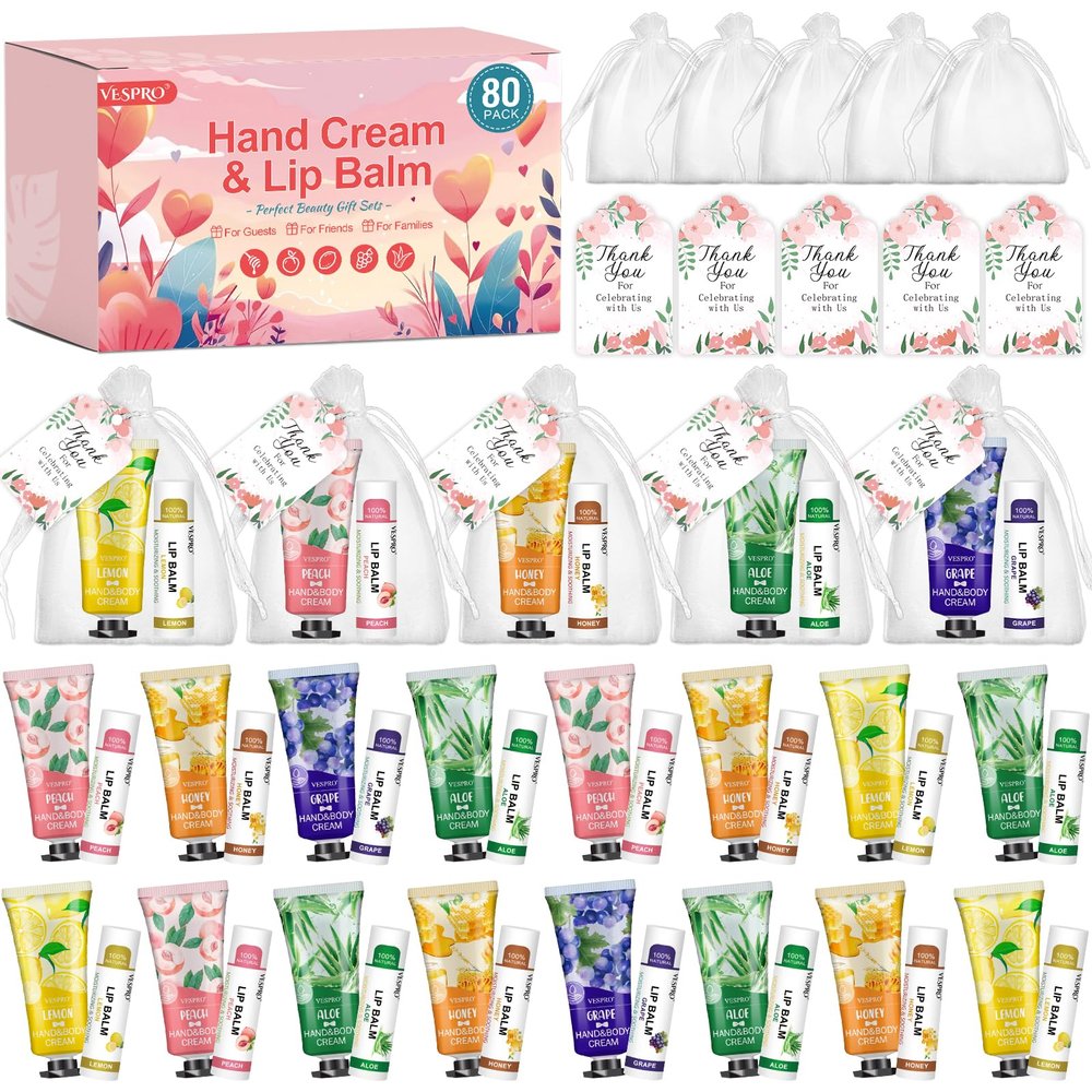 80 Pack Bulk Hand Cream and Lip Balm Sets Gifts, Valentines Day Gifts, Party Favors, Wedding Favors for Guests with Thank You Card and Organza Bags, Mothers Day Gift and Teacher Gift