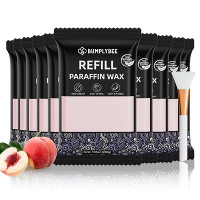 BUMPLYBEE Paraffin Wax Kit - 10 Packs Peach Scent Paraffin Wax Refills with Silicone Brush, Skin Moisturizing, Non-Greasy, Easy-Peeling