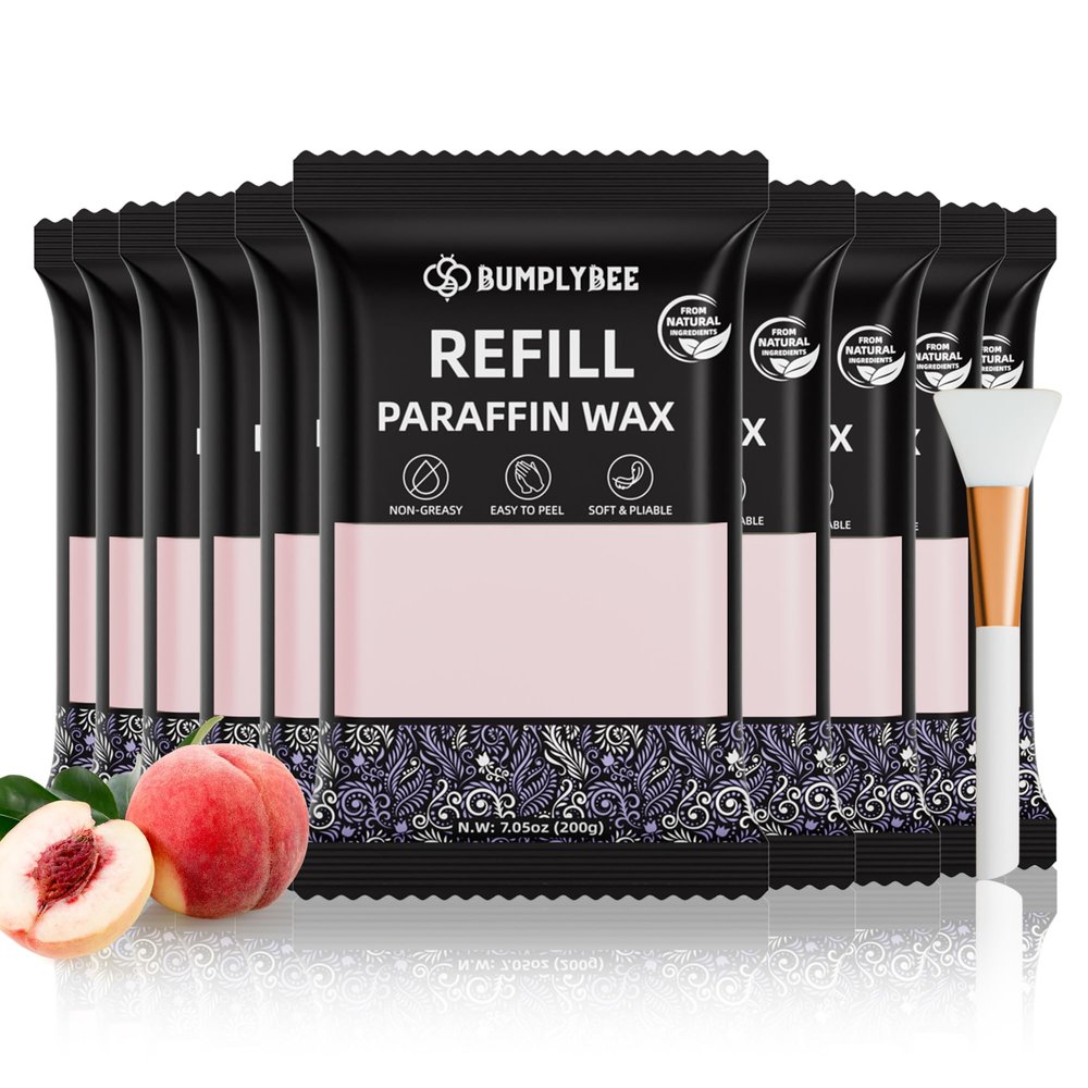 BUMPLYBEE Paraffin Wax Kit - 10 Packs Peach Scent Paraffin Wax Refills with Silicone Brush, Skin Moisturizing, Non-Greasy, Easy-Peeling