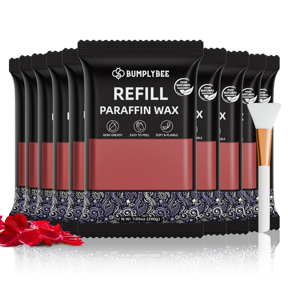 BUMPLYBEE Paraffin Wax for Hand and Feet Refill - 10 Packs Rose Scent Paraffin Wax Refills with Silicone Brush,Skin Moisturizing, Non-Greasy, Easy-Peeling