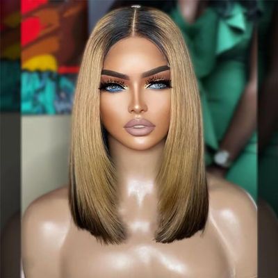 oulaer Ombre Blonde Bob Glueless Wigs Human Hair Short Straight 13x6 HD Transparent Lace Front Wig Highlight 1b/27 Colored Straight Remy Human Hair 150% Density with Baby Hair Natural Hairline 16inch