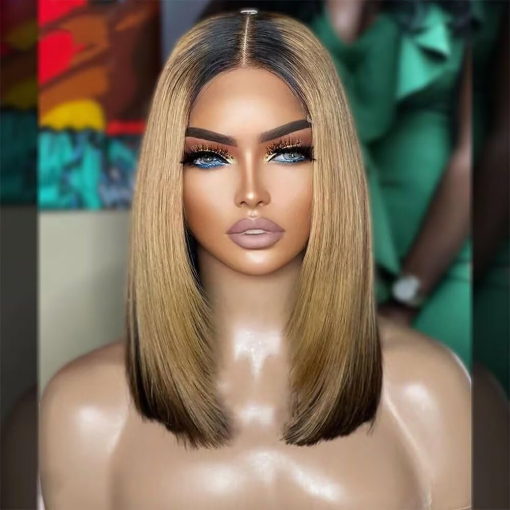 oulaer Ombre Blonde Bob Glueless Wigs Human Hair Short Straight 13x6 HD Transparent Lace Front Wig Highlight 1b/27 Colored Straight Remy Human Hair 150% Density with Baby Hair Natural Hairline 16inch