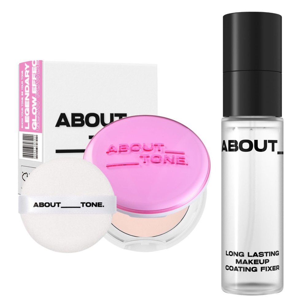 ABOUT TONE Glow Powder Pact + Long Lasting Makeup Coating Fixer BUNDLE SET