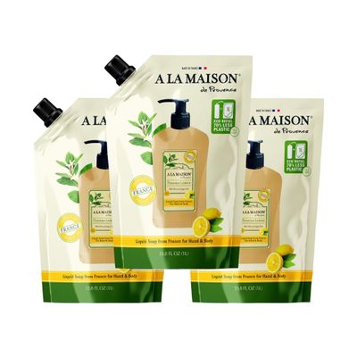 A LA MAISON Provence Lemon Natural Hand Wash Made with Essential Oils - Biodegradable, Plant-Based, Vegan, Cruelty-Free parent (1, 33.8 Fl Oz Refill Pouches, 3 Pack)