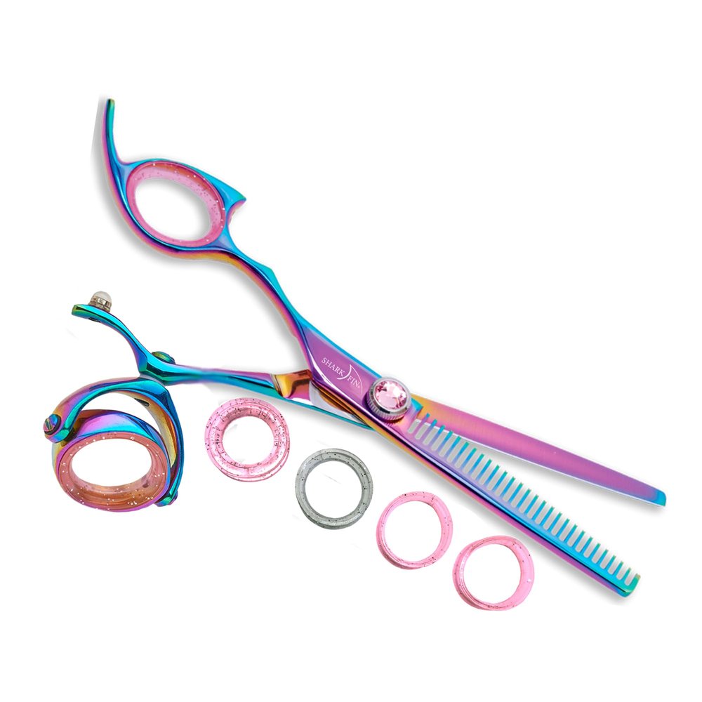 Sharkfin Shears Professional Left HandedSuper Swivel Rainbow 28 Tooth Thinner