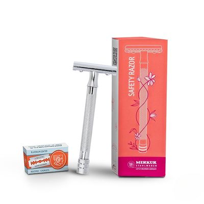 MERKUR 24C Safety Razor For Women with 10 Double Edge Blades | Extra Long Handle | Three-piece Razor | Straight Cut | Bright Chrome Finish | Made in Germany