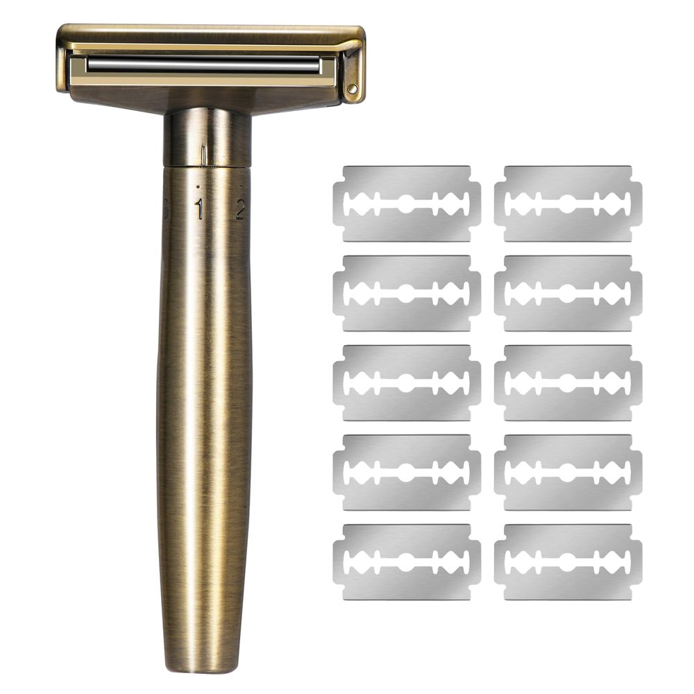 Dual Blade Safety Shaver - Adjustable Shaver with 10 Blades, Includes Holder - Suitable for Men and Women (Bronze)