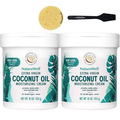 InfiniStore Mini Cosmetic Spatula & Gentle Exfoliating Sponge Bundle with   Extra Virgin, Coconut Oil, Moisturizing Cream, 16oz Each - All Skin Types, For Softer & Hydrated Skin (2)