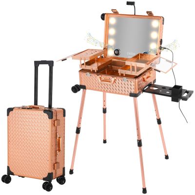 Aiborke Rolling Makeup Train Case with Lighted Mirror and Bluetooth Speaker Professional Cosmetic Organizer Case with Wheels, Stands Portable Makup Station Vanity for Travel (Rose gold, Medium)
