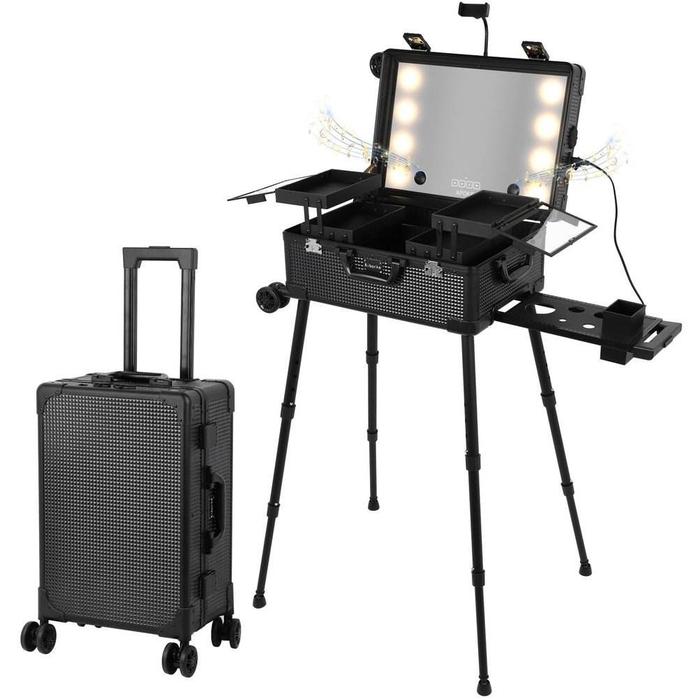 Aiborke Rolling Makeup Train Case with Lighted Mirror and Bluetooth Speaker Professional Cosmetic Organizer Case with Wheels, Stands Portable Makup Station Vanity for Travel (Black, Small)