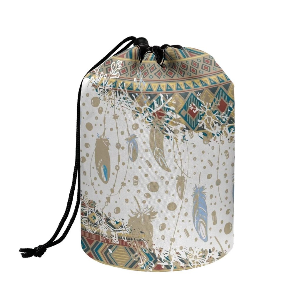 Buxolandt Lay and Go Makeup Bag with Drawstring for Women African Printed Ethnic Style Cylinder Travel Makeup Bag,Cylinder Travel Makeup Bag,Toiletry Bag for Travel, Gifts, and Daily Use Green