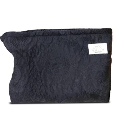 HAPPYHEIDI Large Floral Black Quilted Makeup Bag Cosmetic Toiletry Travel Pouch Purse Organizer, Canvas Lined, Embroiddered Flowers