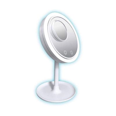 7.9 Inch Makeup Mirror with LED Lights and Fan Head Adjustable Cosmetic Vanity Mirror 5X Magnifying
