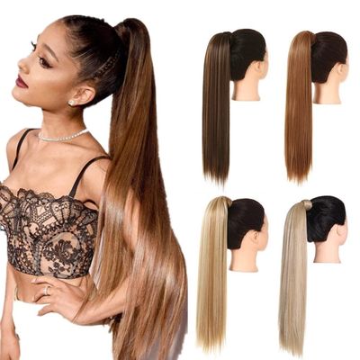 Ponytail Hair Extensions Blonde Wrap Around Pigtail Long Smooth Overhead Pony Tail Synthetic Straight Ponytail Hair Extension Clip in Fake Wig Hairpiece Pony Tails Extensions Human Hair(Light brown,32