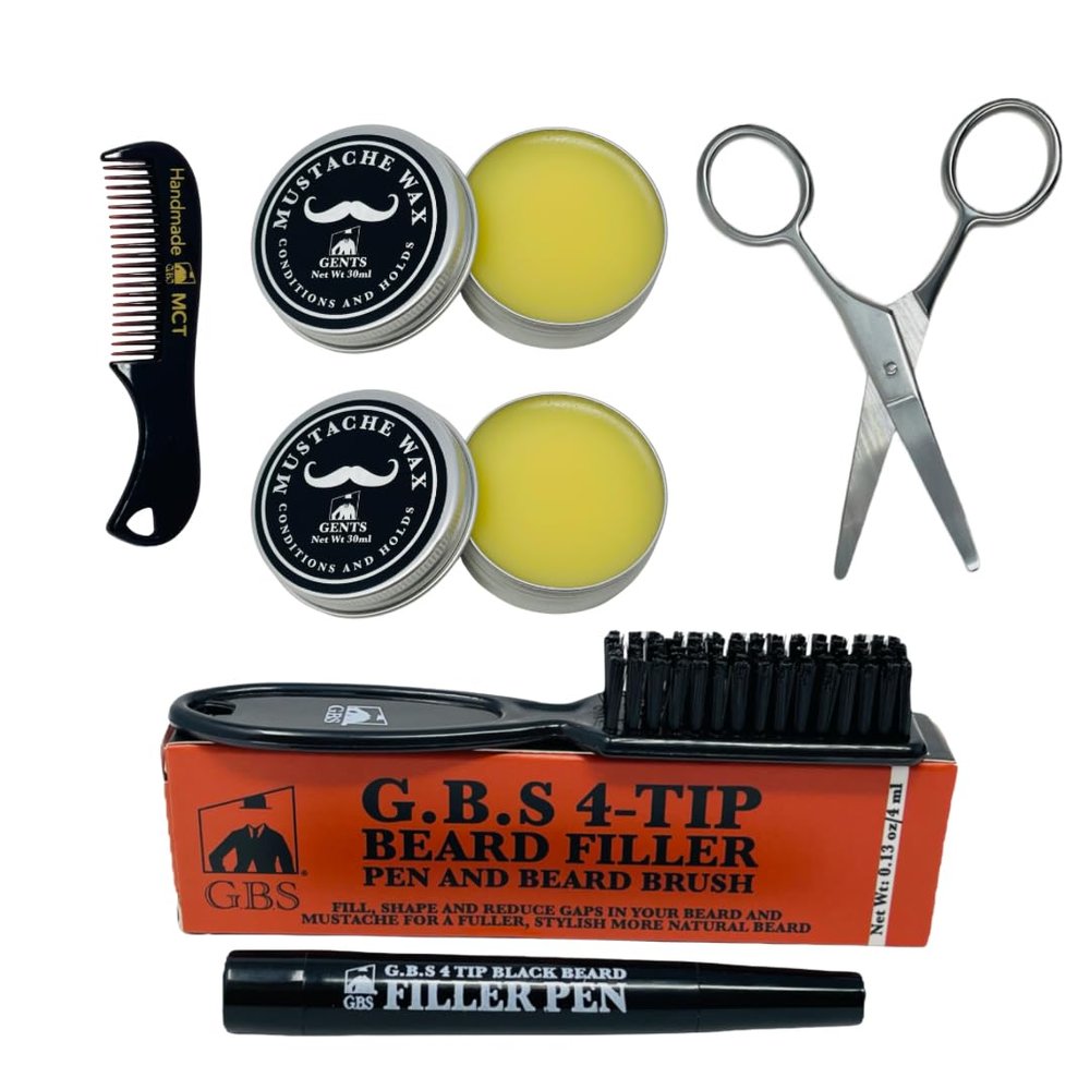 G.B.S Fragrance-Free Extra Strong Hold Mustache Wax, Black Beard Filler Pen, Handmade Pocket Mustache Comb & Precision Trimming Scissors  3 Piece Set for Styling & Detailing