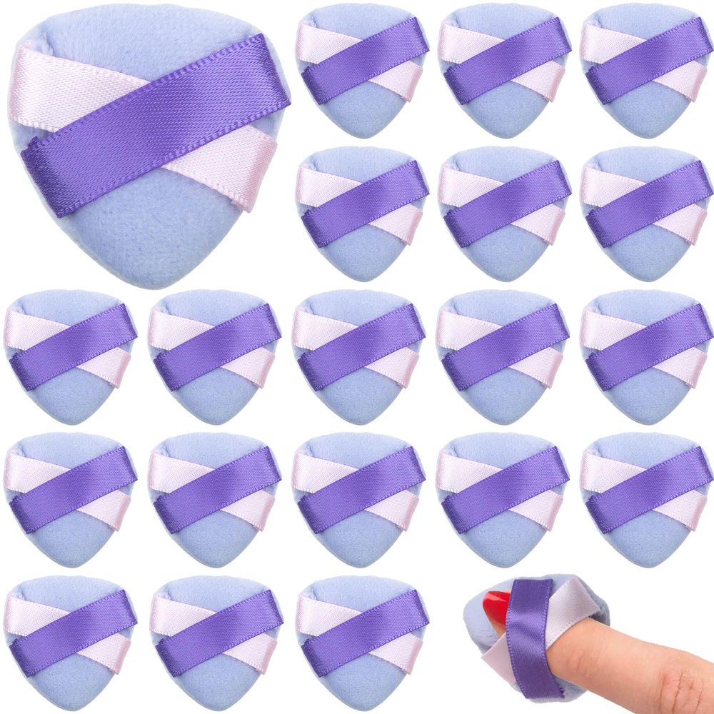 Mxxipp 20pcs Triangle Finger Powder Puff, Portable Mini Face Makeup Pads, Velour Cosmetic Sponge Tool for Blending Loose Powder Foundation Concealer- Purple