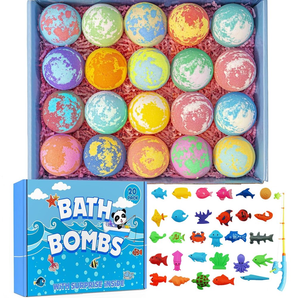 Bath Bombs for Kids with Surprise Fishing Games Inside for Girls Boys - 20 Kids Bath Bombs Gift Set, Handmade Bubble Bath Fizzes Bomb for Chrildren Birthday Christmas and Party Favor Gift for Boys