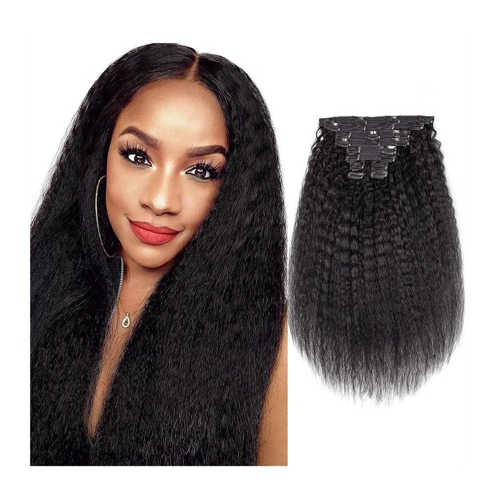 Hair Extensions 10pcs Kinky Straight Clip in Hair Extensions Real Human Hair Clip ins Natural Black Double Weft Clip ins for Women 120g Kinky Straight Clip on Extensions Human Hair Hair Pieces(10inche
