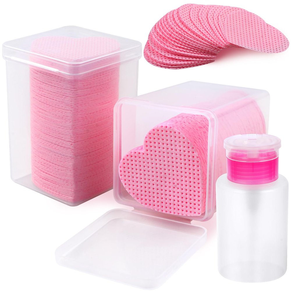 400PCS Nail Cotton Pads,1 Pull-Down Pump Dispenser Bottle, Super Absorbent Soft Non-Woven Eyelash Glue Wipes,Lash Extensions Glue Cleaning Wipes Nail Salon Supplies (Pink)