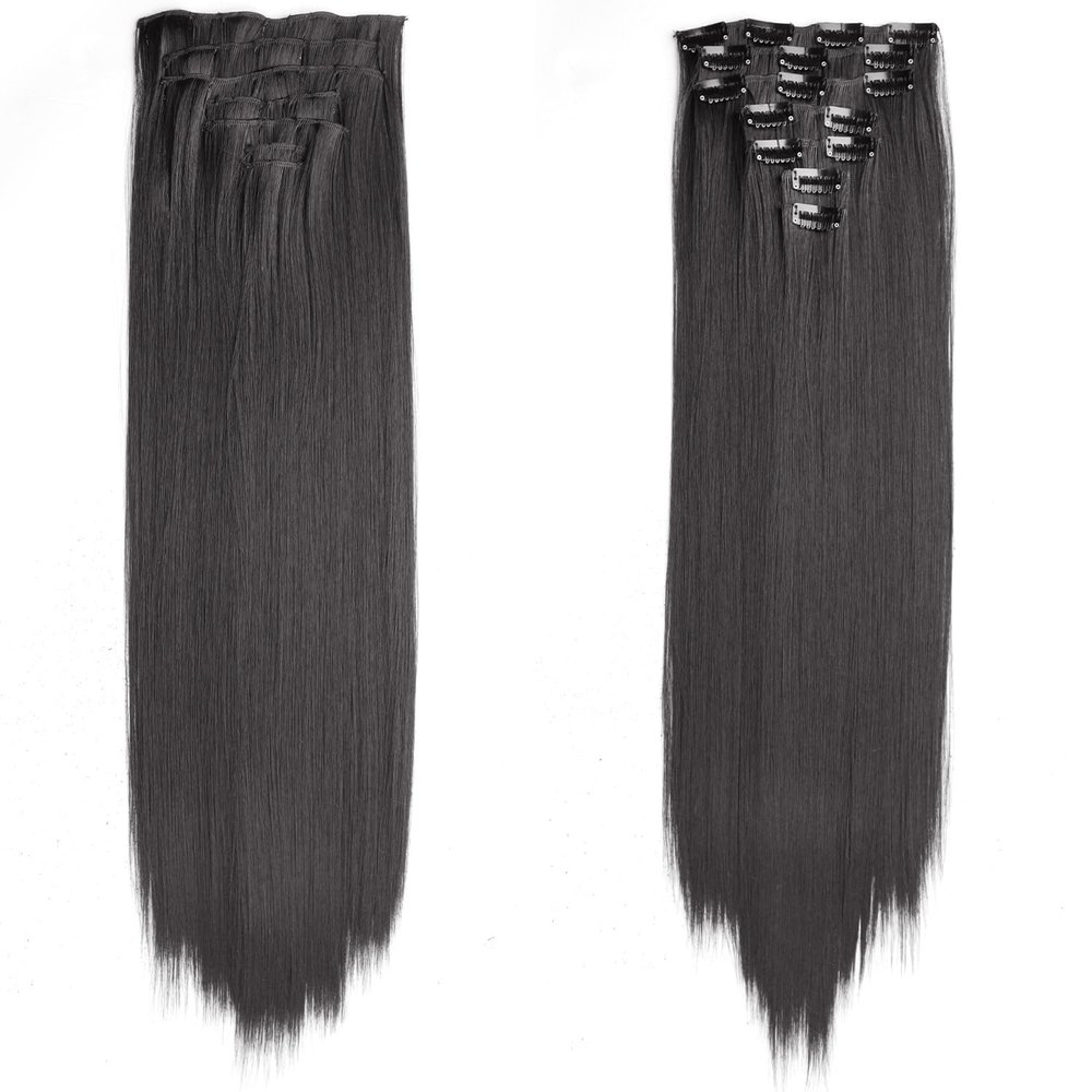 24inch long straight 16 clips hair extensions for woman for hair loss clip in hair natural hairpiece (Natural black)