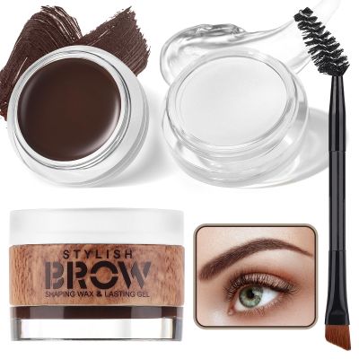 2 in 1 Makeup Kit with Eyebrow Gel,Shaping Wax & Duo Brush, Waterproof Dark Brown Pomade for Fill and Detail Brows, Clear Brow Styling Gel Lift for Fluffy Feathery Brow Breeze
