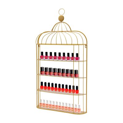 FFanhia 4-Tier Nail Polish Storage Rack Metal Wall Mounted Nail Polish Display Rack Gold Birdcage Shape Cosmetic Display Case for Spa Nail Salon Shop